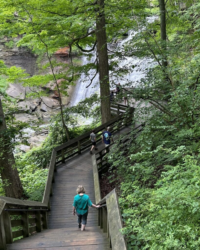 A woman walks down a large wooden staircase outside with waterfalls nearaby.