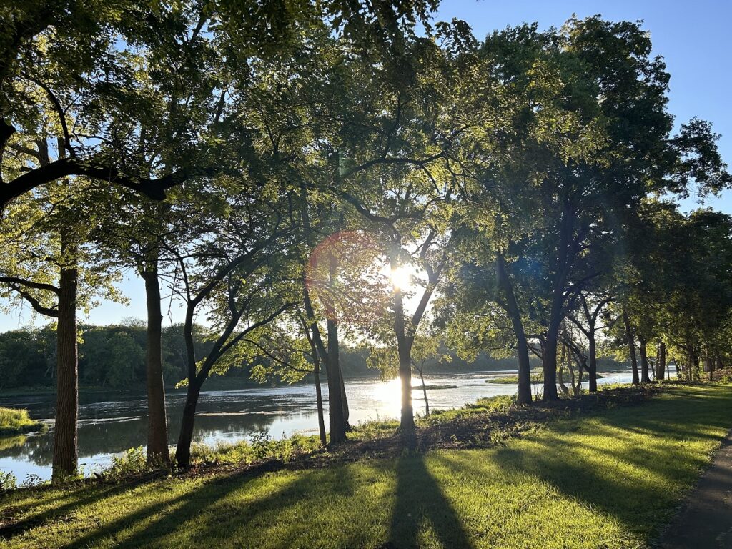 A river scene among trees and a setting sun.