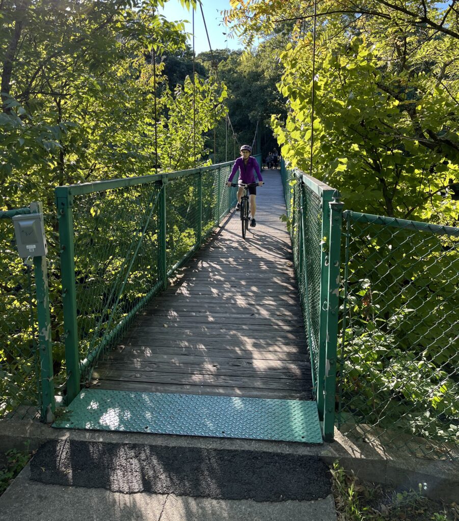 A bike riders crosses a green trimmed  suspension bridge.