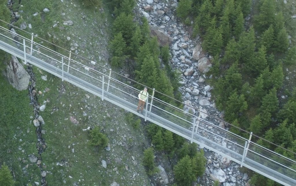 A hiker stands on a long suspension bridge.