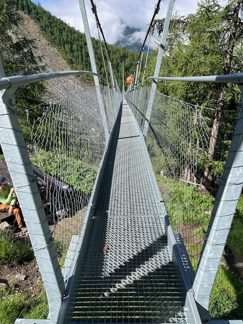 A straight-on shot of an empty steel bridge.