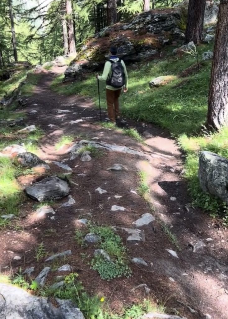 A hiker goes down a dirt path.