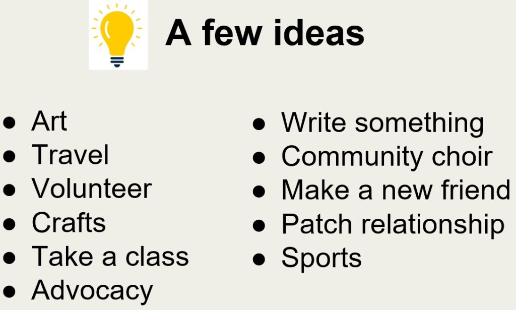 A list of bulleted ideas for finding your creativity, including sports, friendship and crafts.