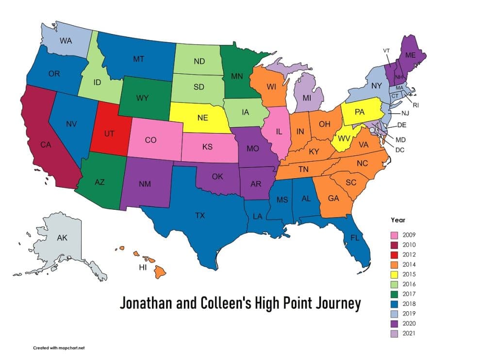 A map of the U.S. that is color-coded to show which year each climb was made.