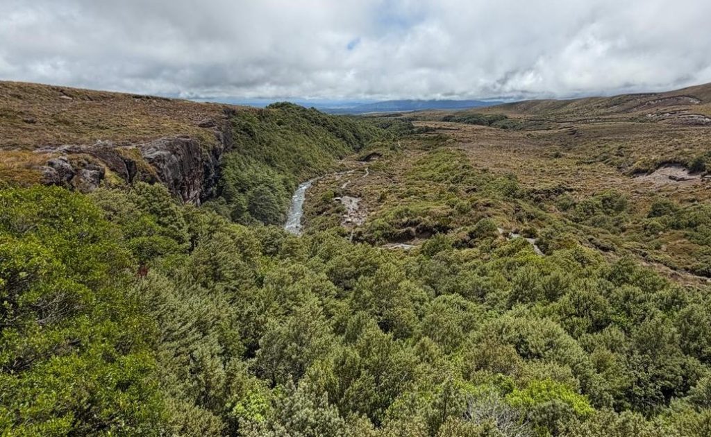 The falls are seen from a distance and look small.