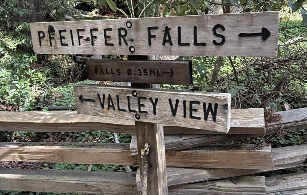 A wooden sign says "Pfeifer Falls" with an arrow pointing.