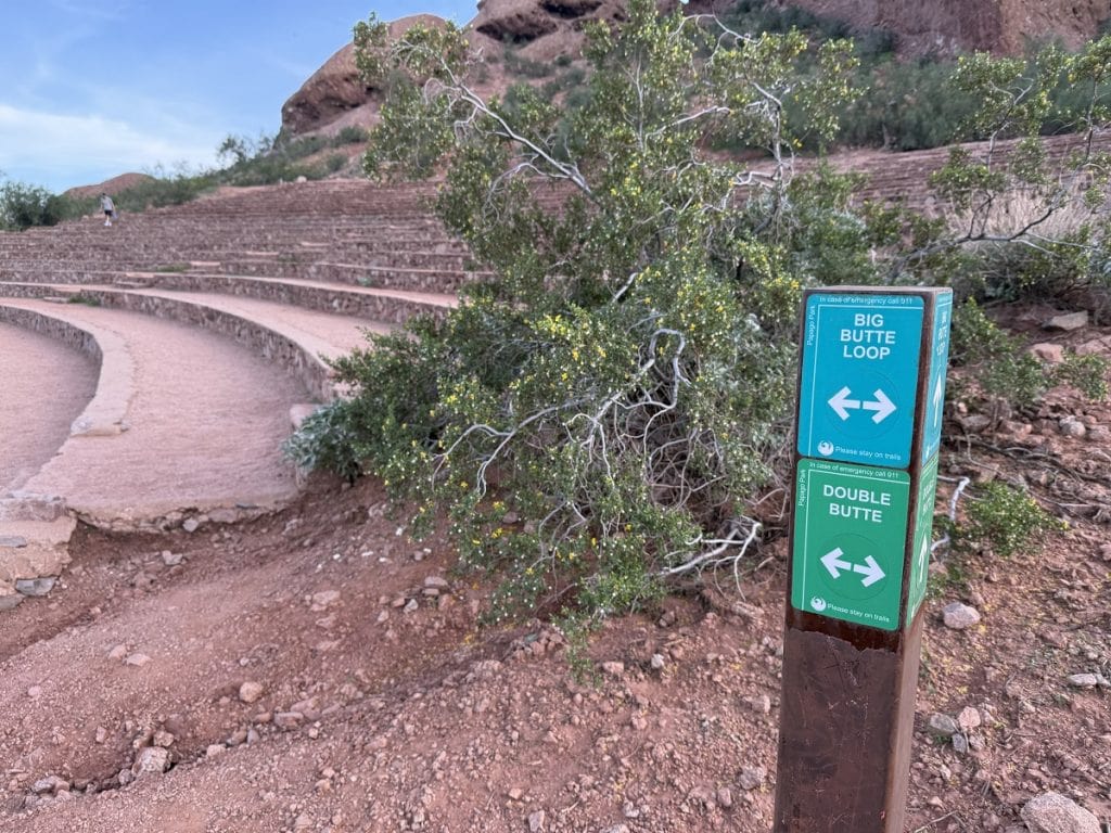 Some rock seats are show as part of an amphitheater on the Double Butte Trail.