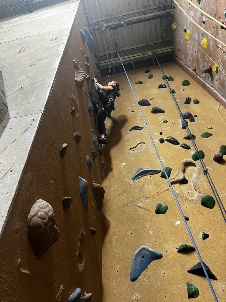 A woman climbs a wall in a climbing gym