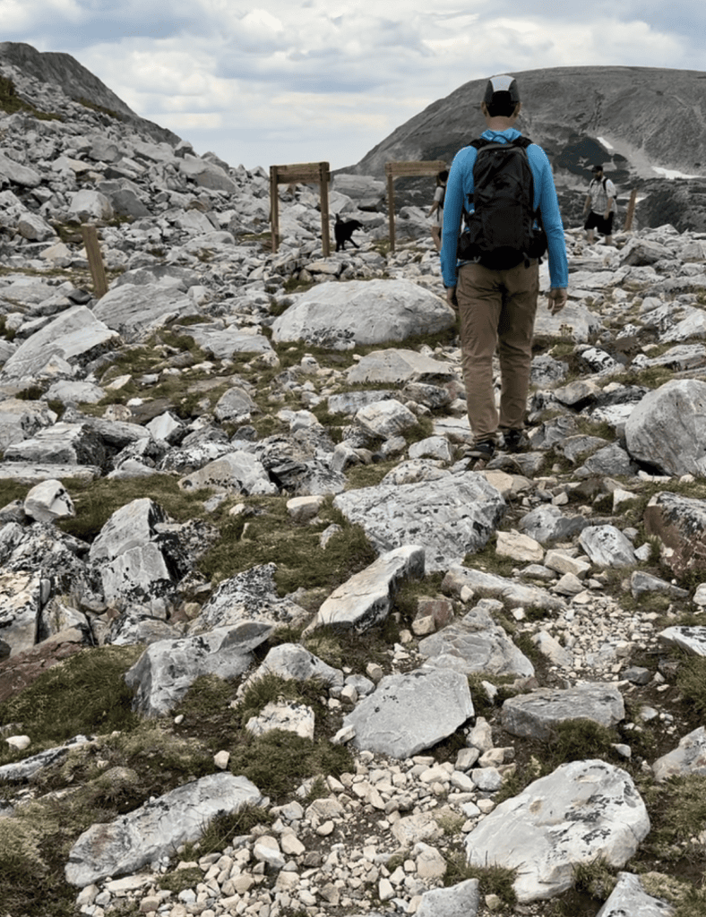 A hiker in a blue shirt steps carefully over a boulder field.