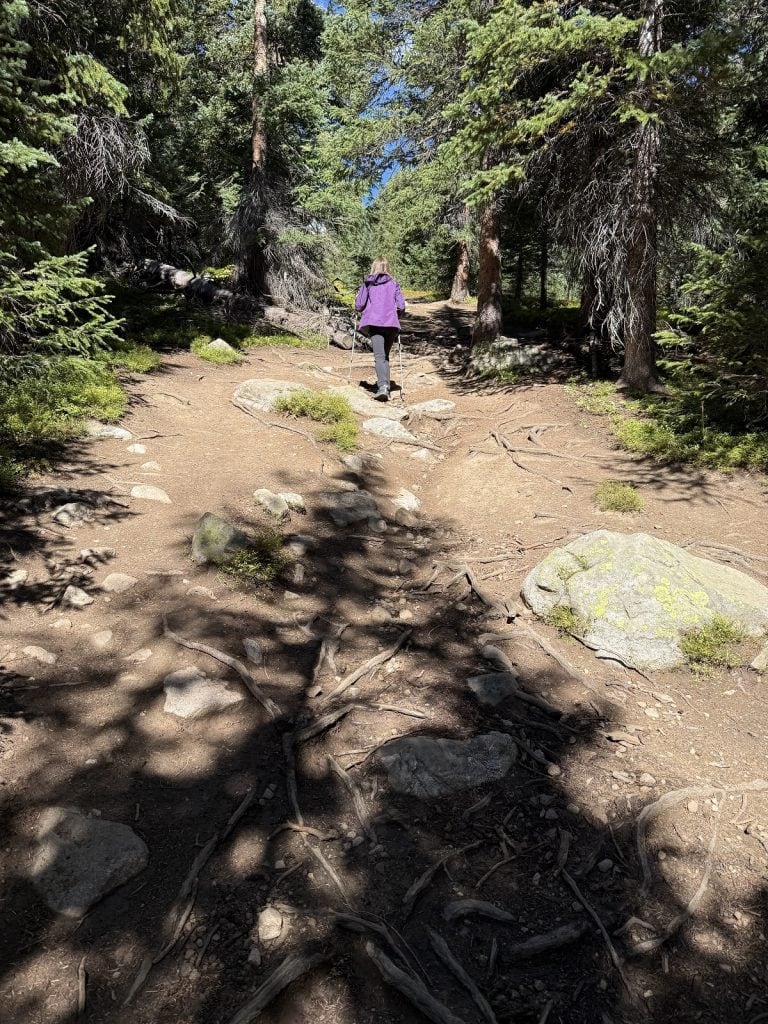 A hiker trecks on up a hill.