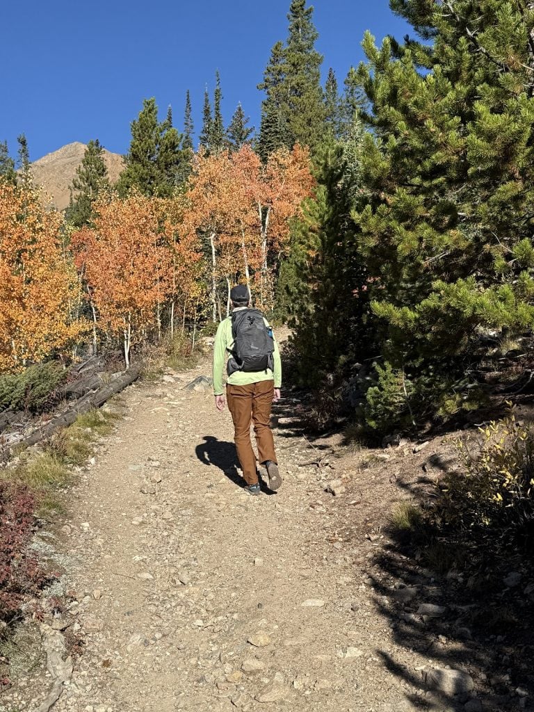 A man rounds a bend on a path in front of orange colored trees.