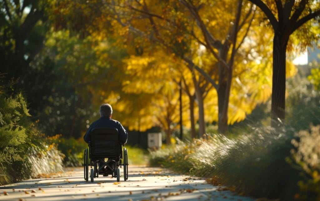 A person in a wheelchair goes down a path alone.